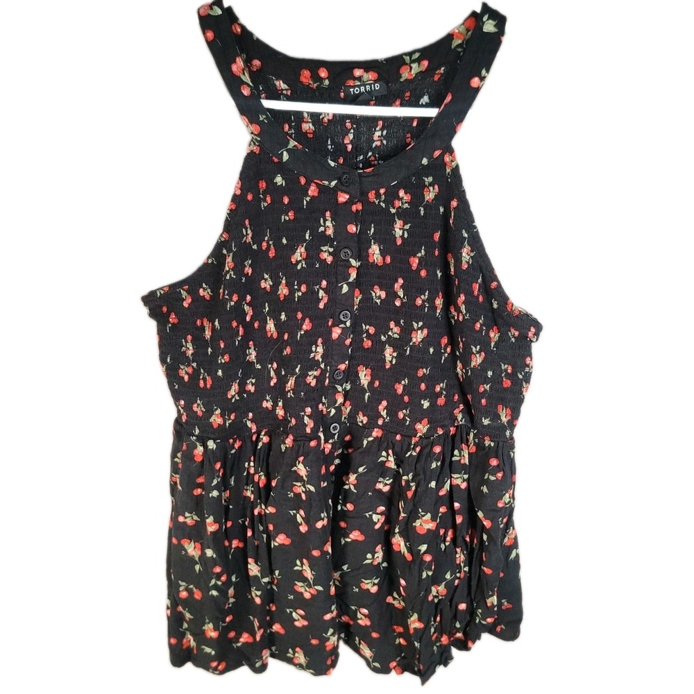 Torrid Womens 2 2X Black Cherry Print Smocked High Neck Tank Top Peplum Tank
